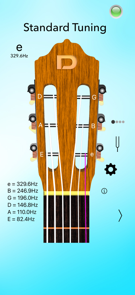 Classical Guitar Tuner Basic - Interface of a classical guitar tuner app showing standard tuning strings and hertz frequencies