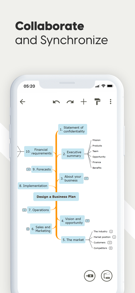 Mind Map Maker - Mindomo - A business plan mind map on the Mindomo app interface highlighting collaboration and synchronization features.