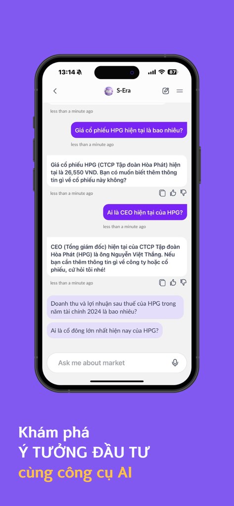 Interfaz de la aplicación móvil de trading de acciones de San Xin Ha que muestra el asistente de IA S-Era respondiendo preguntas sobre precios de acciones vietnamitas y detalles de la empresa en formato de chat.