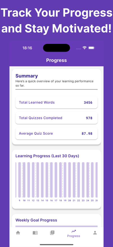 VocabHero: Learn English Fast - A dashboard showing English learning stats including words learned and quiz scores
