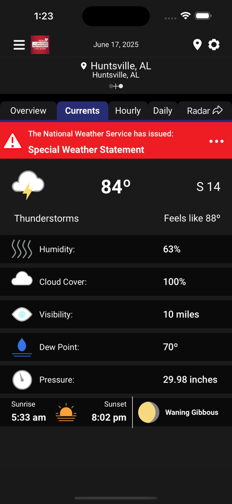 Current weather conditions and severe weather alert for Huntsville Alabama on the WHNT Live Alert 19 app