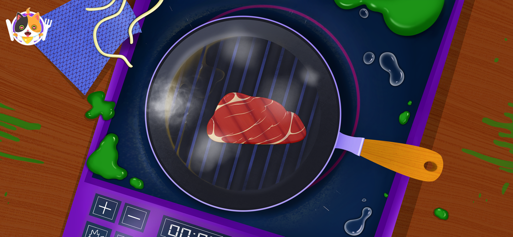Cooking Games for kids - A piece of steak cooking in a frying pan on a purple stove in a kids game