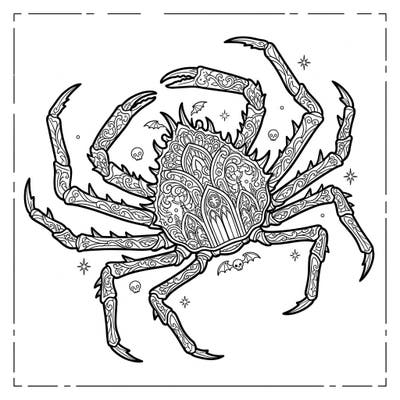 Discover the mysterious beauty of the deep with this intricate Gothic spider crab coloring page. Its ornate details, from Victorian lace to subtle architectural elements, offer a captivating artistic challenge.