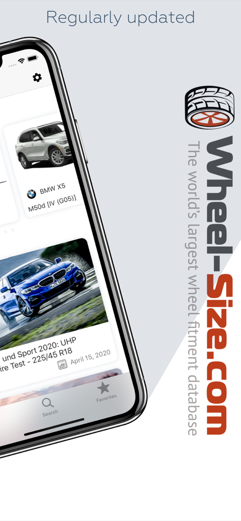Wheel Size mobile app showing automotive fitment data and vehicle models