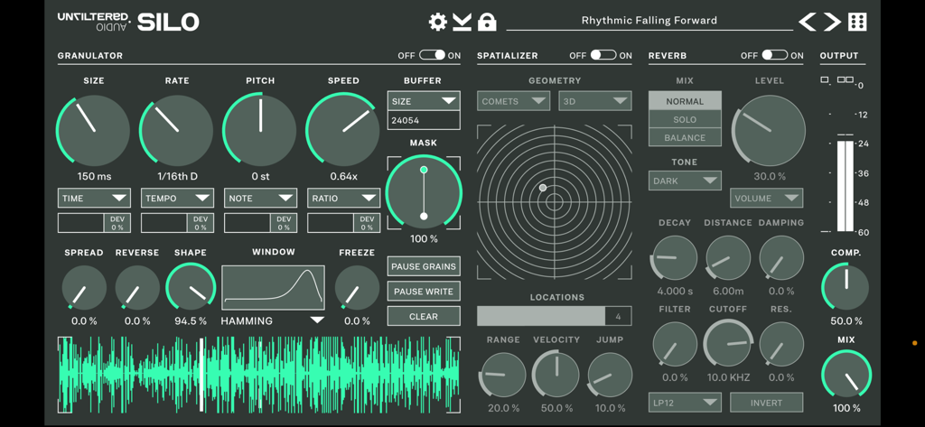 Silo - Granulator and Reverb - 그래뉼러 신디시스 컨트롤, 공간화 레이더 및 리버브 설정을 특징으로 하는 Silo 앱 사용자 인터페이스