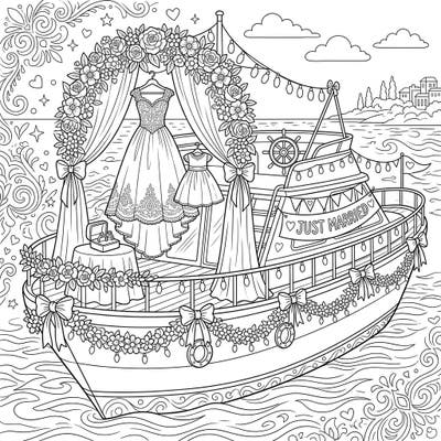 Discover this delightful coloring page featuring a watercraft beautifully decorated for a wedding celebration. Adorn a romantic boat with vibrant colors, complete with wedding dresses, floral arches, and a "JUST MARRIED" banner.