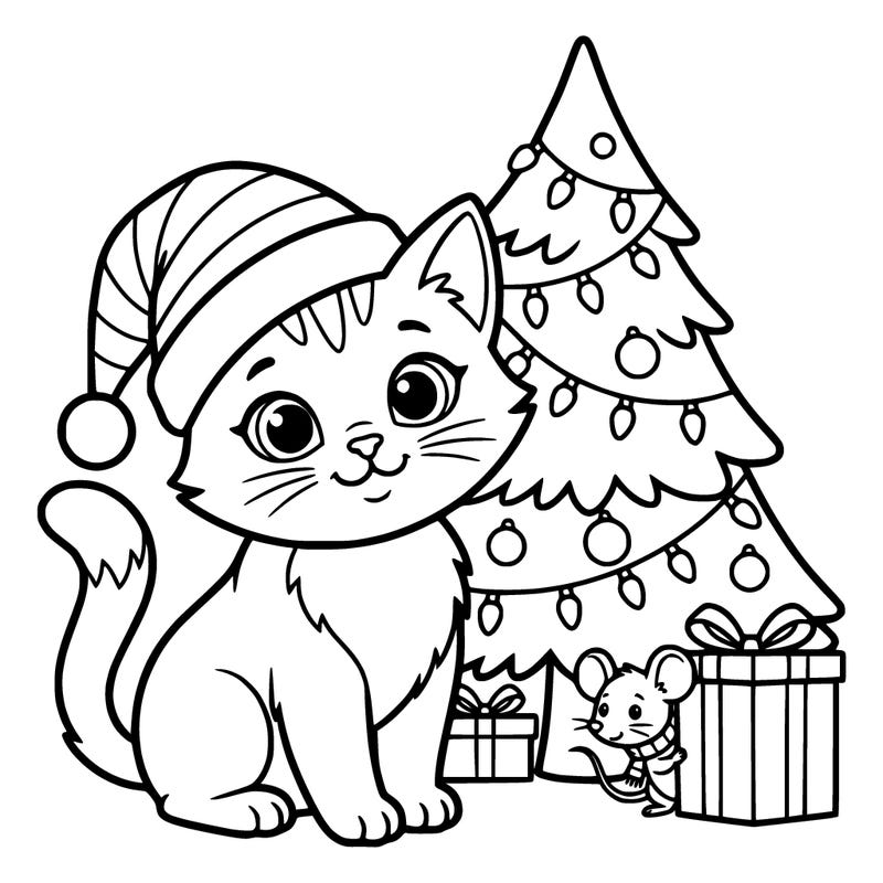 christmas kitten with a santa hat and a christmas tree with lights with a mouse