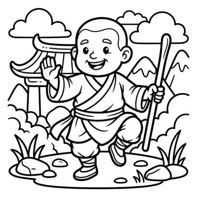 Let your little one discover the joy of coloring with this adorable Shaolin Monk template. Featuring thick lines and simple shapes, it's perfect for developing fine motor skills in toddlers.