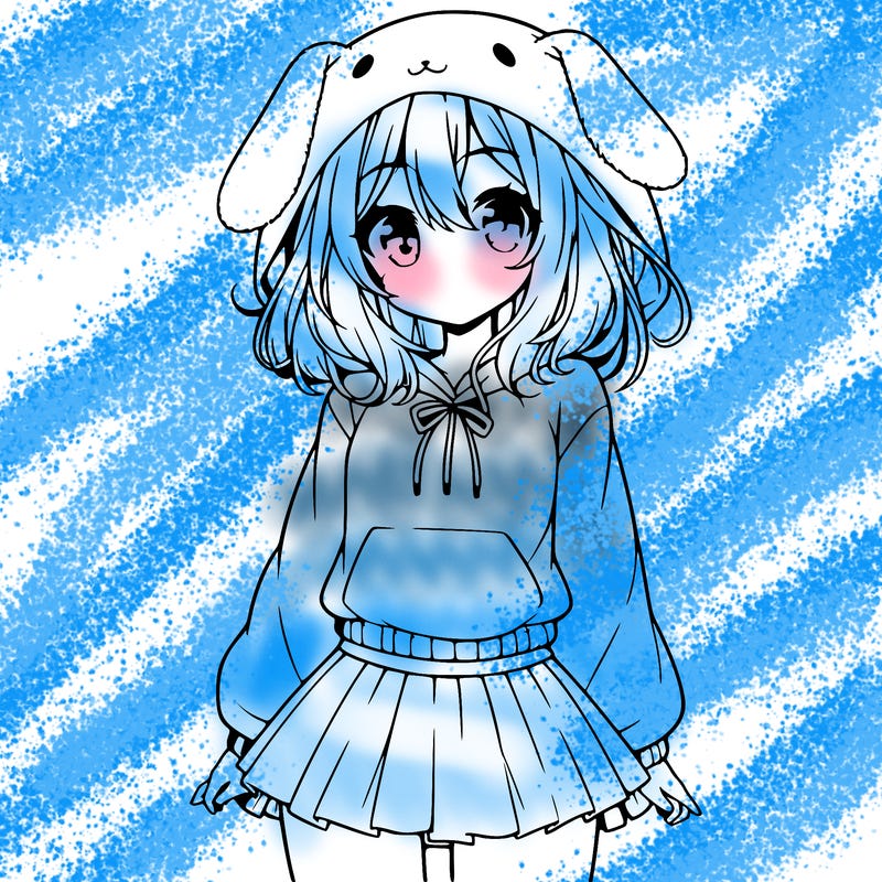 pretty anime girl wearing a fluffy hoodie with bunny ears on the hood and a skirt