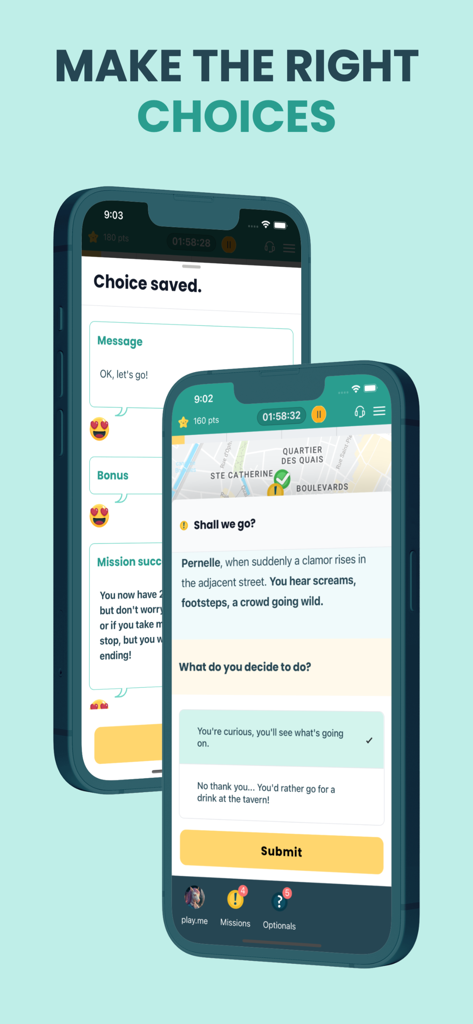 Coddy - Deux téléphones mobiles affichant des choix narratifs interactifs et une carte de la ville dans l'application Coddy