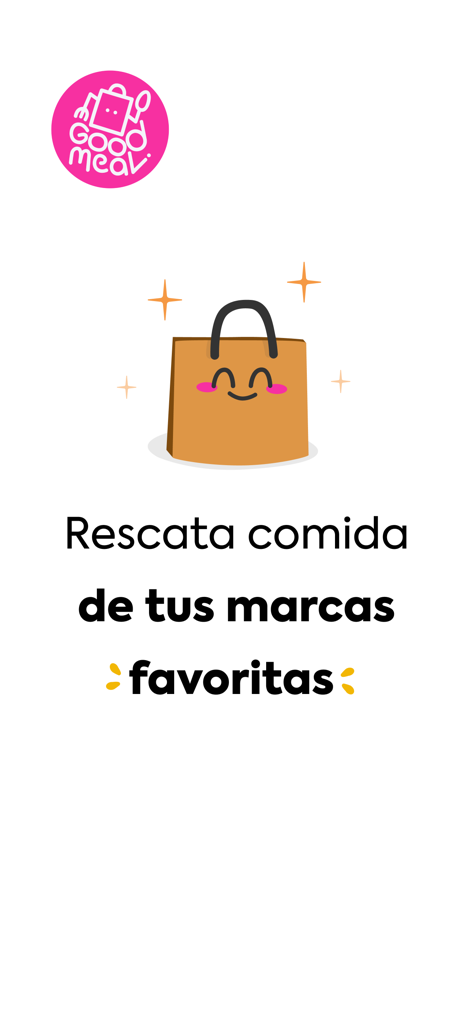 Schermata dell'app GoodMeal con un sacchetto di carta sorridente e testo in spagnolo sul recupero di cibo dai marchi preferiti.