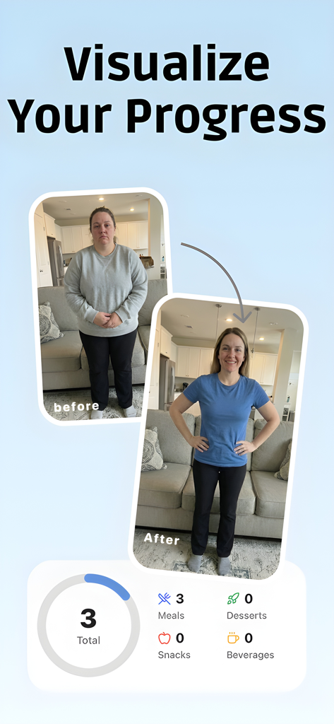 Before and after weight loss comparison photos and daily meal intake stats on the Enzo GLP1 tracker app