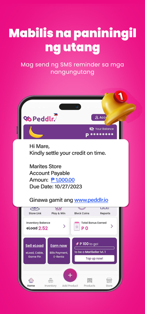 Interfaz de la aplicación Peddlr que muestra un recordatorio de pago profesional por SMS para rastrear el crédito del cliente
