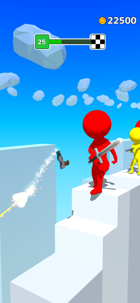 Gun Sprint - Jugabilidad de Gun Sprint con un personaje rojo con espada y una pistola disparando para avanzar por escaleras blancas.