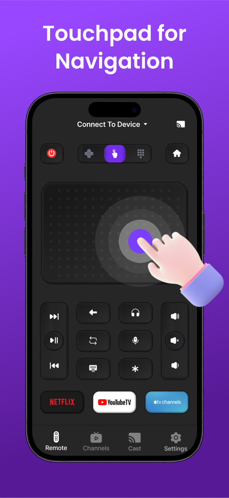 TV Remote - Universal Control・ - An iPhone screen displaying a universal TV remote app featuring a large touchpad for navigation and shortcuts for Netflix and YouTube TV