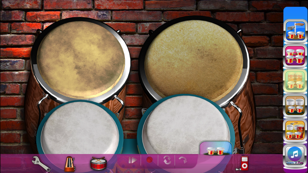 Interface of Bongos! Bongos! app showing virtual drums on a brick wall background with a menu of drum layouts and playback controls