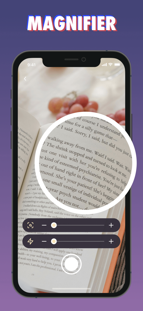 Auto Clicker - Auto Click App - Auto Clickerアプリ内の拡大鏡ツール。書籍のテキストを拡大して表示しています。