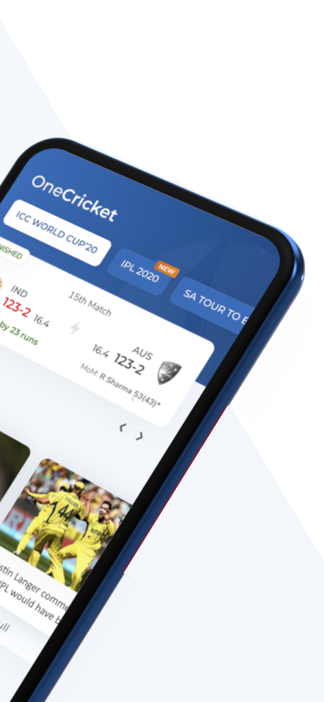 OneCricket - OneCricket mobile app interface showing live cricket match scores and tournament news