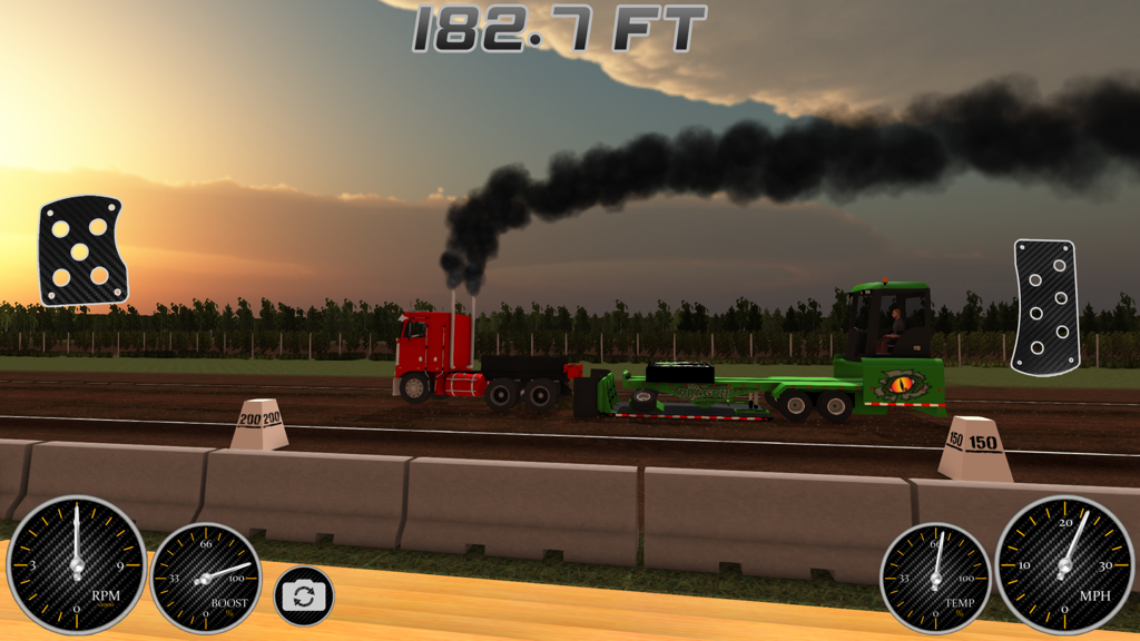 Un camión semirremolque rojo tirando de un trineo verde pesado en una pista de tierra con humo negro e indicadores del juego en Pulling USA 2.