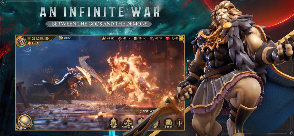 Una escena de batalla cinematográfica con un héroe con cabeza de león luchando contra un demonio de fuego en Land of Empires Immortal.