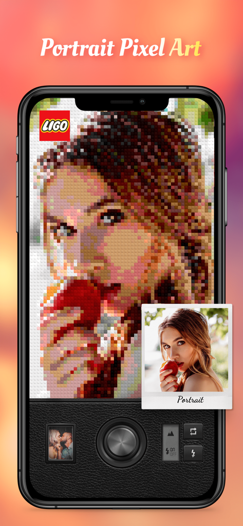 Magic Cam - Face Photo Editor - A portrait photo of a woman being transformed into a toy brick pixel art style using the Magic Cam app.