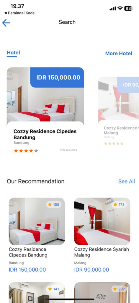 cozzy.id - Mobile app interface of Cozzy.id showing hotel search results and recommended accommodations in Indonesia with prices and ratings