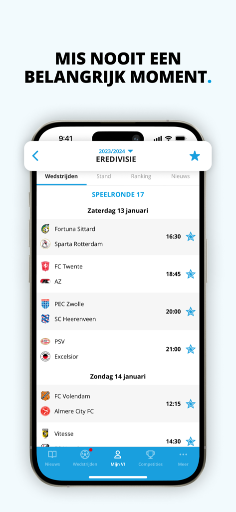 VI | Voetbal International - Voetbal International mobile app screen displaying Eredivisie football fixtures and match kick off times