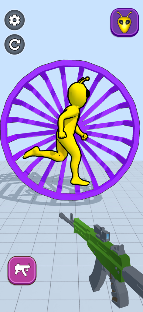 Annoying Ragdoll Shooter Game - A first person view of a green rifle aiming at a yellow ragdoll character running inside a purple wheel