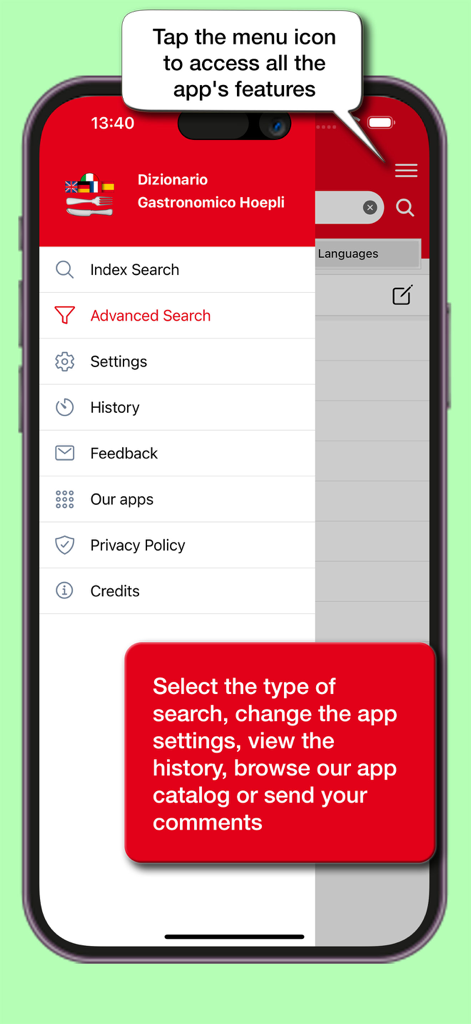 Menu latéral de l'application Dictionnaire Gastronomique Hoepli montrant les options de recherche et de paramètres