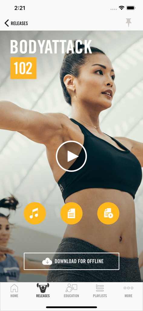 Les Mills Releases - 강사용 Les Mills 앱의 BodyAttack 릴리스 화면