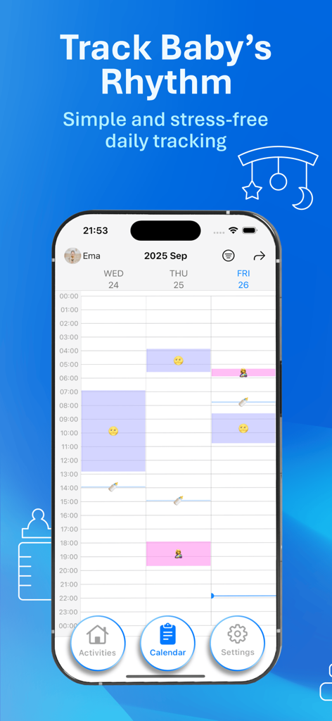 Babystart – Baby Tracker & Log - Kalenderansicht der Babystart App, die ein farbcodiertes Tagesrhythmus-Diagramm zur Verfolgung von Babyschlaf und -fütterung zeigt