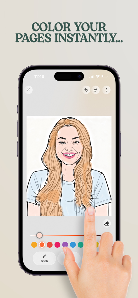 Flow-Coloring Book for Adults - A user coloring a personalized portrait of a woman on a smartphone using the Flow app digital brush and color palette