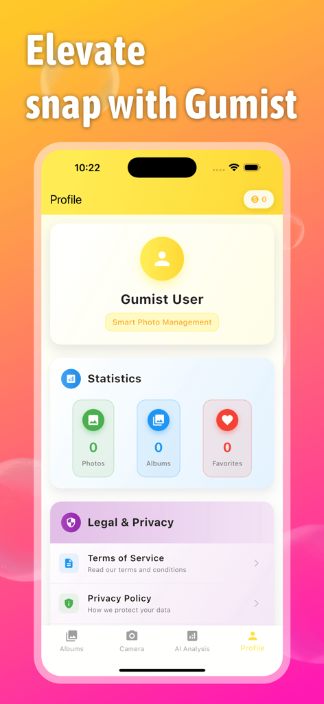 Gumist - Página de perfil do aplicativo Gumist mostrando estatísticas de fotos e configurações legais com um gradiente laranja e rosa brilhante