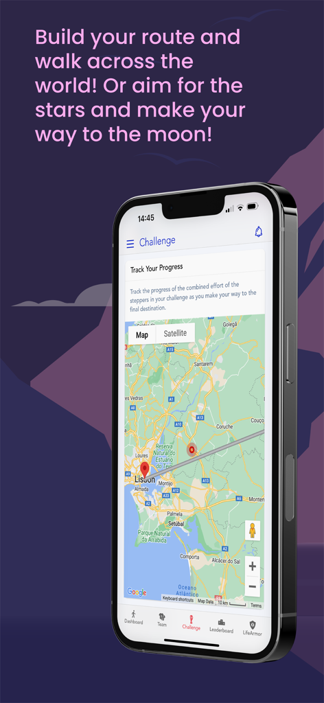 StepSense - iPhone mostrando la aplicación StepSense con una ruta de desafío de caminata virtual en un mapa de Lisboa