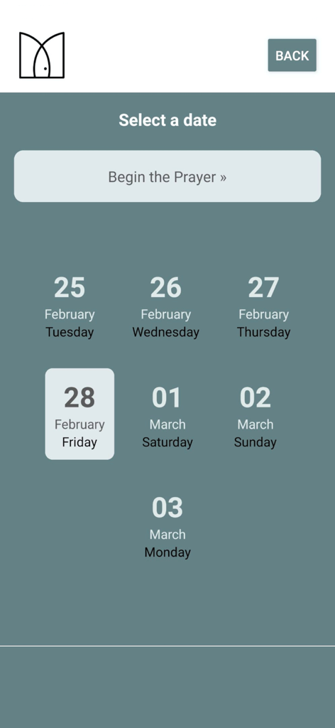 Sacred Space Daily Prayer - Sacred Space Daily Prayer app date selection screen