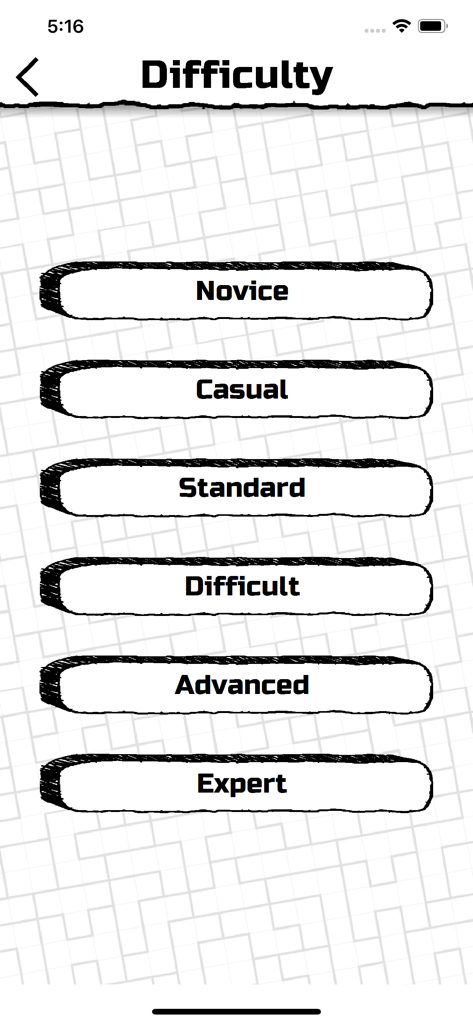 Suguru - Difficulty selection menu in the Suguru puzzle app showing levels from Novice to Expert