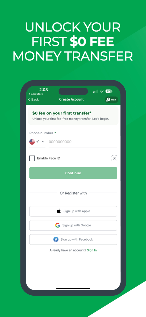 Pantalla de registro de la app Intermex con una oferta de $0 de comisión para la primera transferencia de dinero