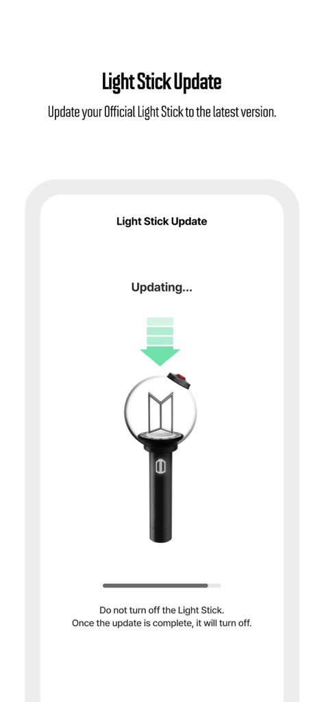 BTS Official Light Stick Ver.4 - Interfaz de la aplicación BTS Official Light Stick Ver.4 mostrando el progreso de la actualización del firmware.