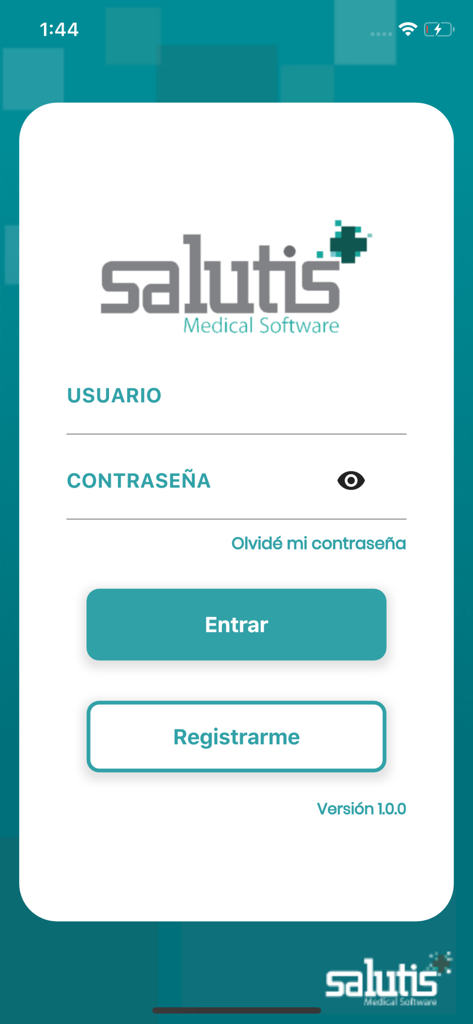 Pantalla de inicio de sesión y registro de la aplicación móvil Salutis Medical Software con campos de usuario y contraseña