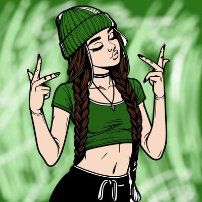 realistic teenage girl with braids and a beanie and crop top doing 🫶🏼