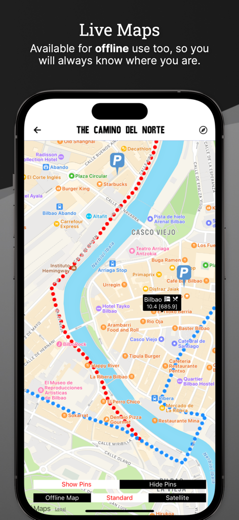 Wise Pilgrim Camino del Norte - Detailed offline live map showing the hiking route through Bilbao on the Camino del Norte app.