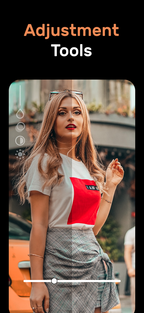 Locket Photo Locket Frames HD - Mobile app interface showing adjustment tools with a before and after photo editing preview
