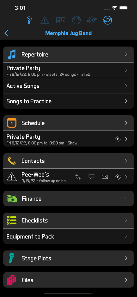 BandHelper - BandHelper app dashboard showing management tools for repertoire schedule contacts finance and stage plots