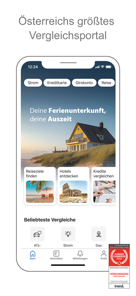 CHECK24 Österreich - Main interface of the CHECK24 Austria app showing categories for travel and financial services comparisons