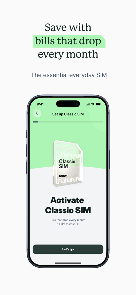 Honest Mobile app screen for activating a Classic SIM with monthly loyalty discounts.