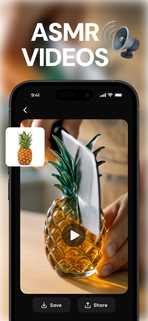 Plum AI app interface displaying an ASMR video of a knife cutting a glass pineapple