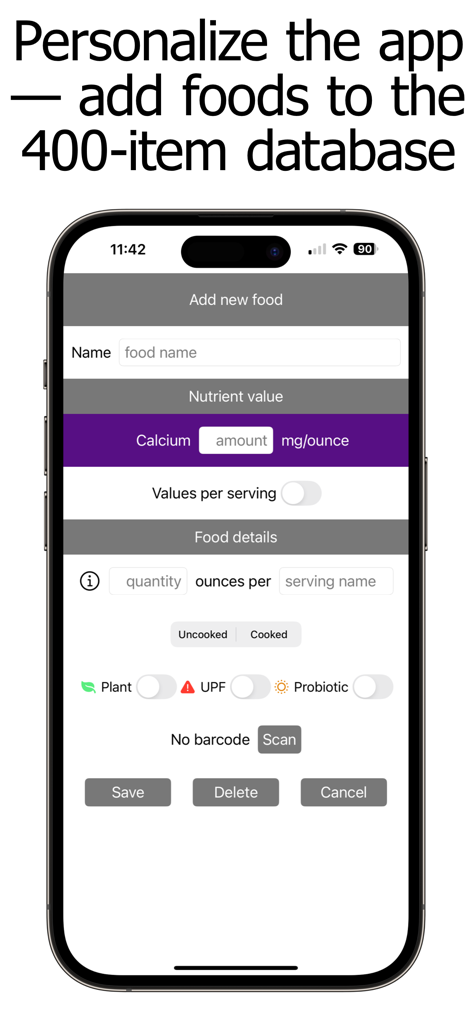Calcium Counter and Tracker - Interface of the Calcium Counter app showing options to add and personalize custom food items in the database.