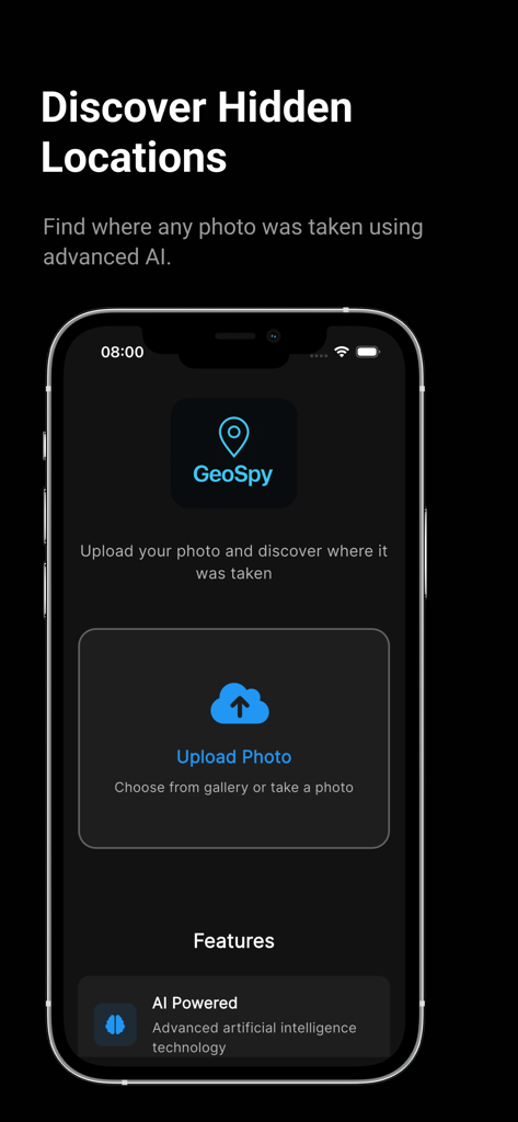 SnapGeo - AI Location Finder - SnapGeo mobile app screen showing the photo upload interface for discovering hidden locations using AI