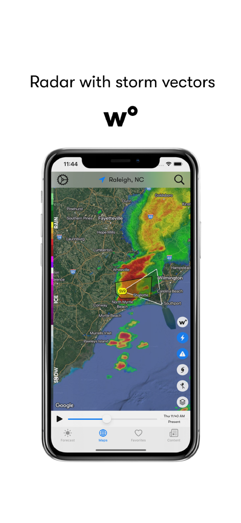 Weatherology app screenshot showing a real time radar map with storm vectors and weather tracking over Raleigh North Carolina