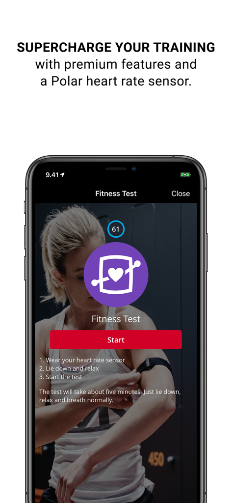 Polar Beat app screen showing a fitness test interface with a start button and instructions for using a heart rate sensor.